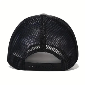 Back view of black washed denim trucker hat featuring breathable mesh and adjustable snapback