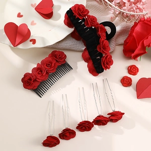 Romantic red fabric rose hair accessory set with claw clip, comb, and U-shaped pins
