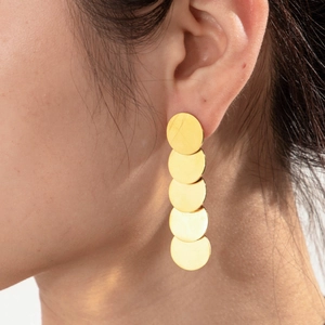 Golden layered round metal disc tassel drop earrings for women in polished finish