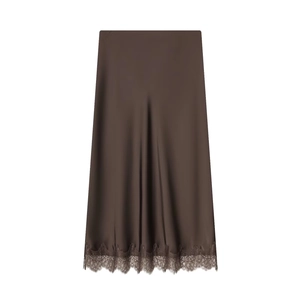 Brown satin midi skirt with elegant lace trim hem and shiny silky finish for women