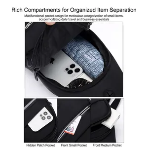 Men's minimalist black crossbody chest bag with multi-layer storage compartments