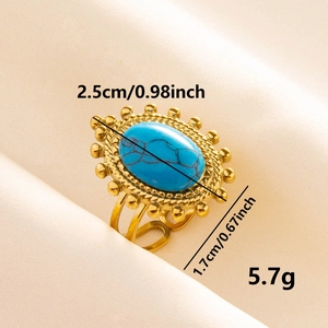 Anello regolabile in acciaio inossidabile dorato con turchese ovale e perline