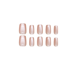 Cat eye nude pink press-on nails set with 10 square round pearlescent faux tips