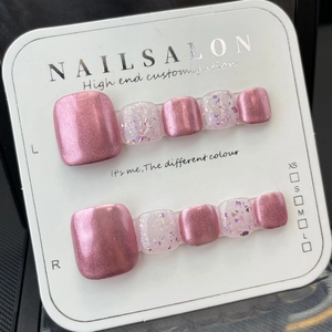 Press On Toenails Mirror Powder Cat Eye Effect Glitter Sequins Rose Gold Handmade Chic Minimalist Foot Nail Art For Women