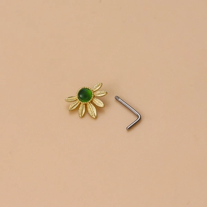 L-shaped stainless steel nose stud with golden leaf design and green zircon gemstone