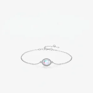 Moonstone Halo Bracelet 925 Sterling Silver Oval Gemstone Fine Adjustable Link Chain Elegant Jewelry For Women