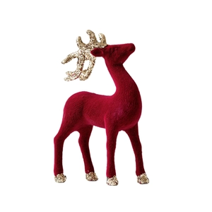 Elegant deep red flocked reindeer figurine with gold glitter antlers for Christmas decor