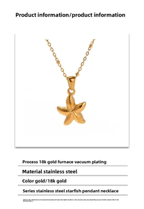 Detailed view of starfish pendant with 18K gold plated texture and product specifications