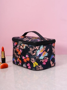 Close-up of black square cosmetic bag with butterfly print and top handle