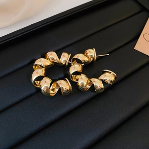 Macro detail of golden spiral geometric earrings resting on a textured black box
