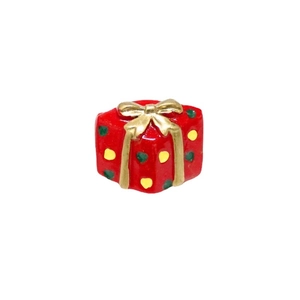 Miniature red resin Christmas gift box bead with golden bow for DIY holiday crafts