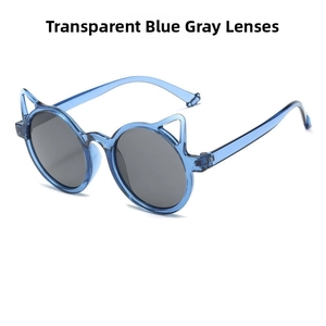 Detail of transparent blue cat-ear sunglasses for kids with grey lenses and plastic frame