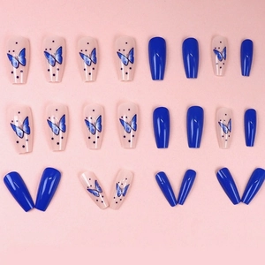 Blue butterfly and polka dot press-on nails in long coffin shape 24pcs set