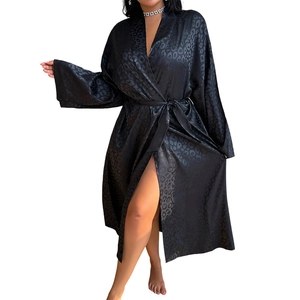 Elegant black leopard print satin bathrobe with silk texture and a waist tie belt