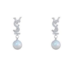 Elegant silver earrings with sparkling zircon letters and a white faux pearl drop
