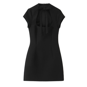 Polka dot short dress with bow tie hollow neckline and slim fit design on white background