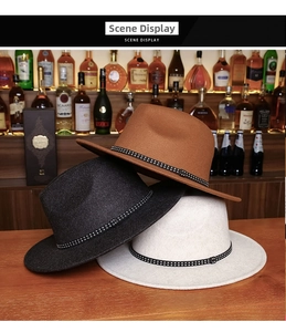 Detailed texture of high-quality felt fedora hats with decorative rivet leather bands