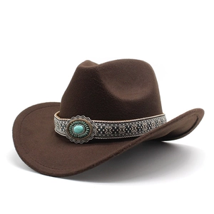 Classic brown western cowboy hat with ethnic woven band and oval turquoise accent