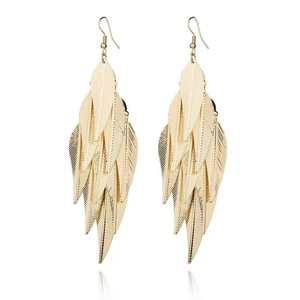 Vintage gold layered willow leaf tassel earrings with hollow heart pattern in bohemian style