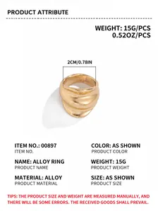 Irregular wave gold alloy ring details with 2cm diameter and 15g weight measurements