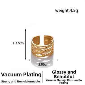 Detailed view of adjustable golden woven ring showing 1.37cm height and 2.06cm width dimensions