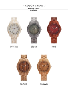 Fashionable wood grain quartz watches for women in five assorted colors on white background