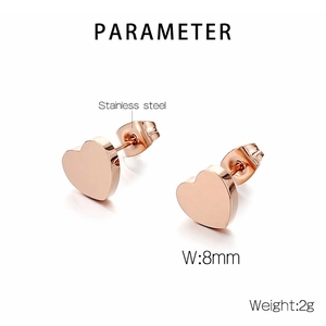 Detail view of 8mm rose gold heart stud earrings in stainless steel with 2g weight