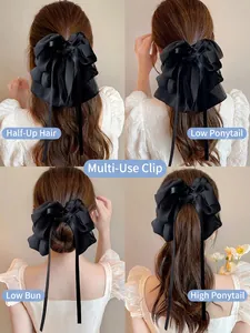French style large black chiffon bow hair claw with long ribbons for various hairstyles