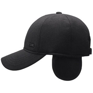 Winter black baseball cap for elderly men featuring warm ear flaps and thick wool fabric