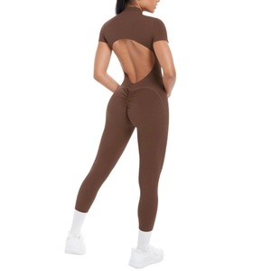 Dark brown open-back sports jumpsuit with short sleeves and scrunch butt lifting effect