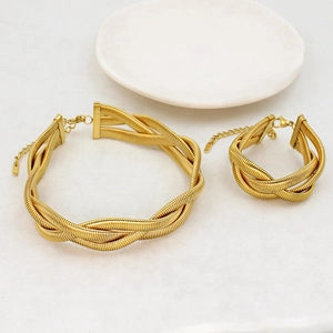 Detail of 18K gold-plated braided twisted rope choker necklace and matching bracelet set