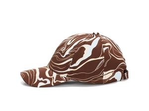 Side view of baseball cap with colorful marble texture and curved brim on white background