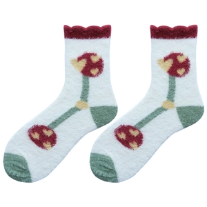Plush mink velvet crew socks with cute red mushroom patterns for winter warmth