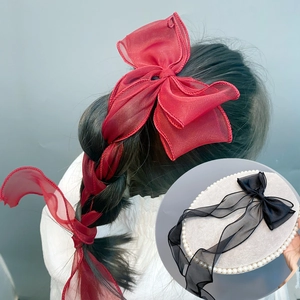Organza Bow Hair Clip With Long Streamers Double Layer Snow Yarn Fabric Elegant Fairy Style Hair Accessories For Women