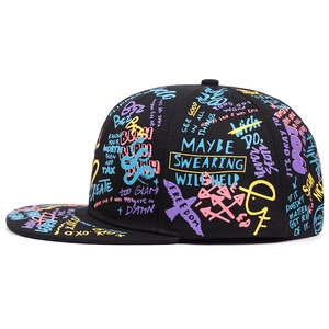 Hip hop black snapback hat with colorful graffiti prints and flat brim for men and women