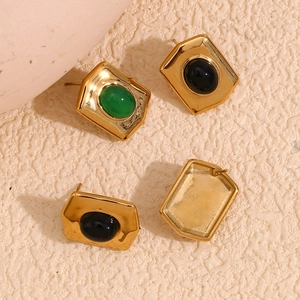 Vintage 18K gold plated stainless steel hexagonal earrings with green and black gemstones