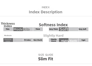Size guide and fabric indices showing soft feel, slim fit, and non-stretch properties