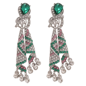 Elegant knotted teardrop tassel earrings with green crystals and sparkling rhinestones