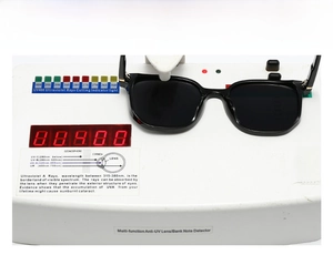 Detail view of square frame sunglasses showing UV400 protection test on digital meter