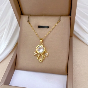 Elegant gold titanium steel necklace featuring a girl pendant with sparkling zircons