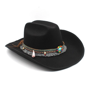 Western Cowboy Hat Felt Wide Brim Bohemian Ethnic Woven Band Turquoise Beads Tassels Retro Jazz Fedora Style
