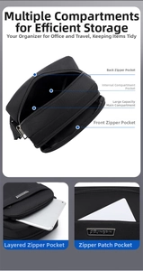 Detail view of waterproof shoulder bag with multiple zippered storage compartments