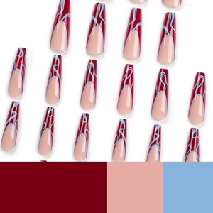 Unghie finte extra lunghe a ballerina con smalto rosso e motivi a onde blu