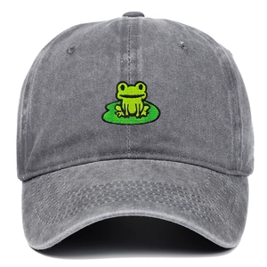 Dark grey washed cotton baseball cap with green frog on lotus leaf embroidery