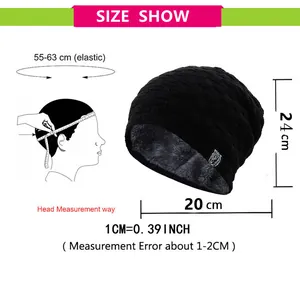 Size guide for men winter knit hat showing height 24cm width 20cm and head circumference
