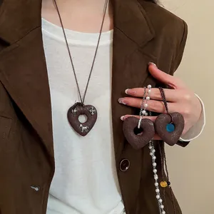 Retro heart pendant necklace with stone beads and vintage horse charm accessory