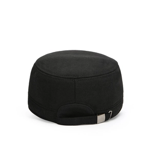 Men's black flat top winter cap with fleece lining and adjustable silver buckle