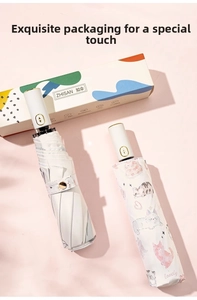 Close-up of automatic umbrella and box with cute cat illustration on pink background
