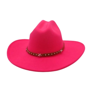 Detail of hot pink felt cowboy hat featuring silver studs and a metallic star emblem