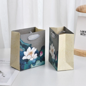 Chinese vintage paper gift bags with lotus illustration and grey fabric handles